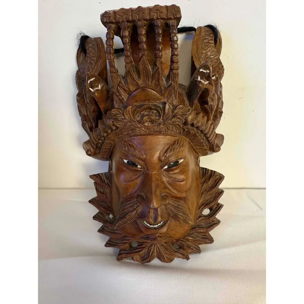 Vintage‎ Chinese Asian Wooden Intricate Carved Decorative Mask With Dragons